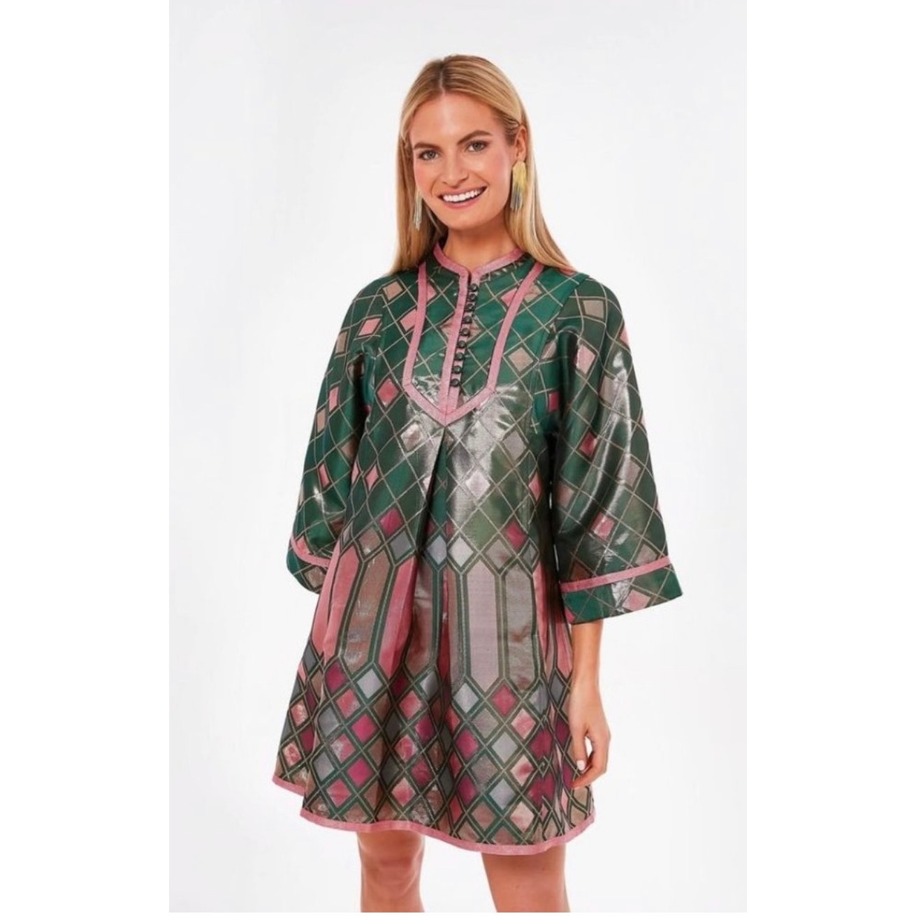 Tuckernuck Metallic Mosaic Indre Dress Sz Large A-Line Mini Bell Sleeve Pockets